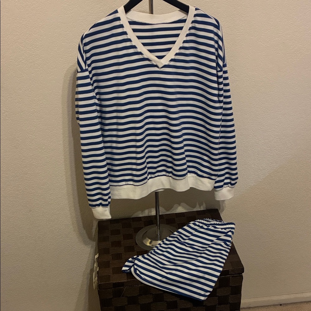 Women's Blue & White Striped V-Neck Pullover Sweatshirt and matching shorts set